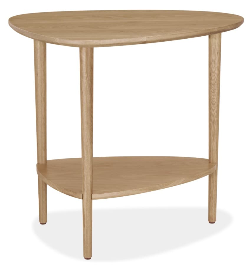 A contemporary end table with a two-tiered design. The table features an organic, asymmetrical top surface and a matching lower shelf, both supported by four slender, tapered legs. The construction is predominantly wood, with a natural finish that highlights the grain. — 3D model