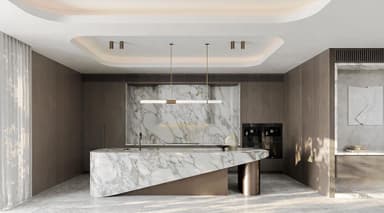 A contemporary coffee table with an elongated, oval-shaped marble top featuring a white base with prominent grey veining. The base of the table is constructed from metal and has a dark, possibly bronze or dark brown finish, with a distinctive angular, split design that supports the tabletop. — 3D model