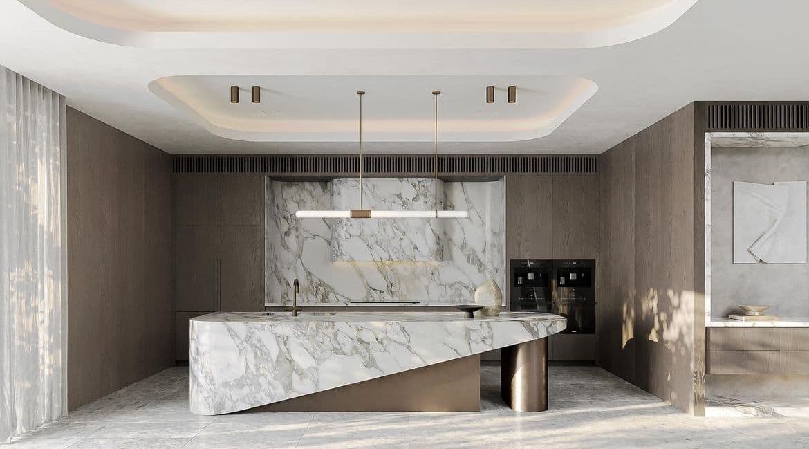 A contemporary coffee table with an elongated, oval-shaped marble top featuring a white base with prominent grey veining. The base of the table is constructed from metal and has a dark, possibly bronze or dark brown finish, with a distinctive angular, split design that supports the tabletop. — 3D model