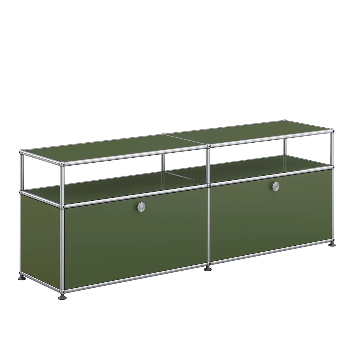 A modular cabinet unit with a metal frame and green cabinet fronts and top surface. It features two large drawers or cabinet doors on the lower level, each with a silver circular handle. The upper level is open shelving. The unit is supported by small, round feet. — 3D model