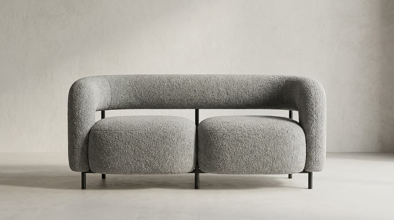 A modern two-seater sofa featuring a distinctive U-shaped backrest and armrests, upholstered in a light gray, textured boucle fabric. It has two separate, rounded seat cushions and stands on slender, black metal legs. — 3D model