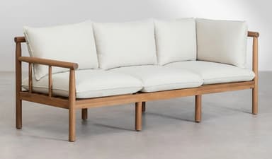 A three-seater sofa with a wooden frame and cushioned seating and backrest. The sofa features an armrest on the left side and has a slatted back support structure visible behind the cushions. The legs are cylindrical and spaced to provide stability. — 3D model