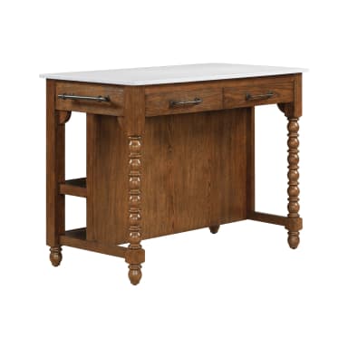 A mobile kitchen island featuring a white cabinet base and a dark wood-toned top. It includes multiple storage compartments: two drawers, four cabinet doors, and a pull-out spice rack. A significant feature is the extendable leaf that expands the countertop surface. The island is fitted with casters for mobility and an integrated towel bar. — 3D model