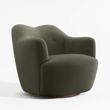 A fully upholstered armchair with a rounded, organic silhouette. The chair features a high, sculpted backrest that flows into integrated armrests, creating a cohesive form. A single button is tufted into the center of the backrest. The chair is supported by a dark, circular wooden base, suggesting it may be a swivel chair. — 3D model