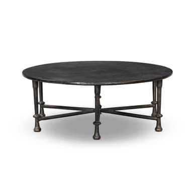 A round coffee table with a dark, textured top and a base constructed from four metal legs connected by intersecting crossbars. The legs are segmented with decorative bulbous elements and taper to a rounded foot. — 3D model
