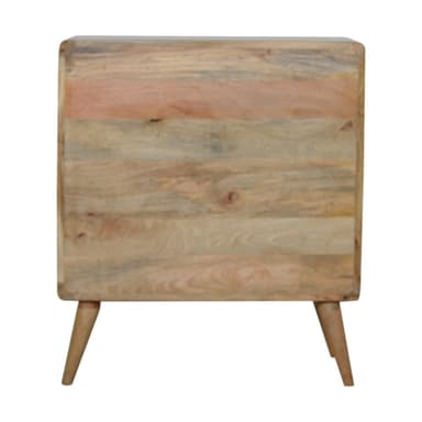 A wooden chest of drawers with a distinctive segmented front panel and four tapered legs. The wood exhibits natural grain patterns and color variations, with some horizontal bands of lighter and darker shades, including a notable pinkish-orange band. The piece has rounded vertical edges. — 3D model