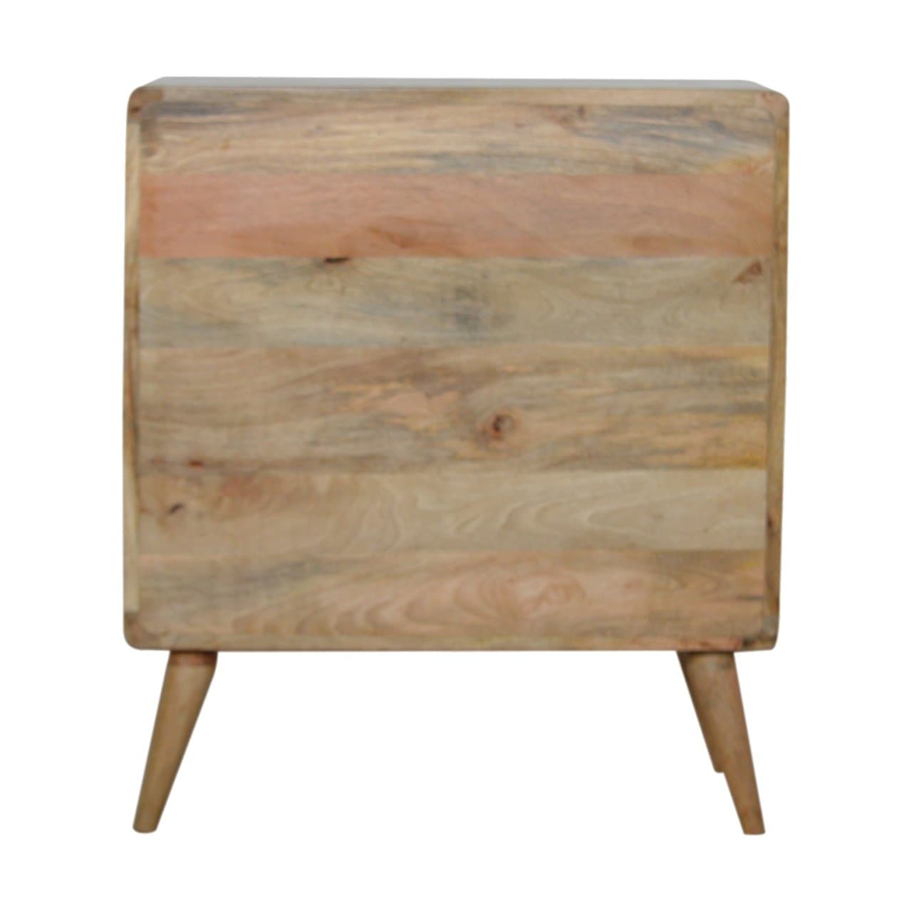 A wooden chest of drawers with a distinctive segmented front panel and four tapered legs. The wood exhibits natural grain patterns and color variations, with some horizontal bands of lighter and darker shades, including a notable pinkish-orange band. The piece has rounded vertical edges. — 3D model