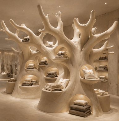 A pair of sculptural, organic tree-shaped display units, rendered in a light beige composite material. Each unit features multiple recessed, illuminated shelves or niches designed to hold and showcase items such as textiles or decorative objects. The forms are smooth, curvilinear, and abstract, resembling natural tree branches and trunks, with a modern, artistic sensibility. — 3D model