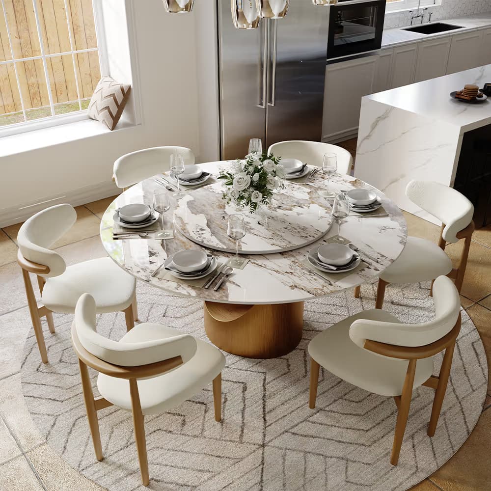 A contemporary round coffee table featuring a large marble top, a cylindrical wood pedestal base, and a smaller, raised circular marble insert on the main tabletop. — 3D model