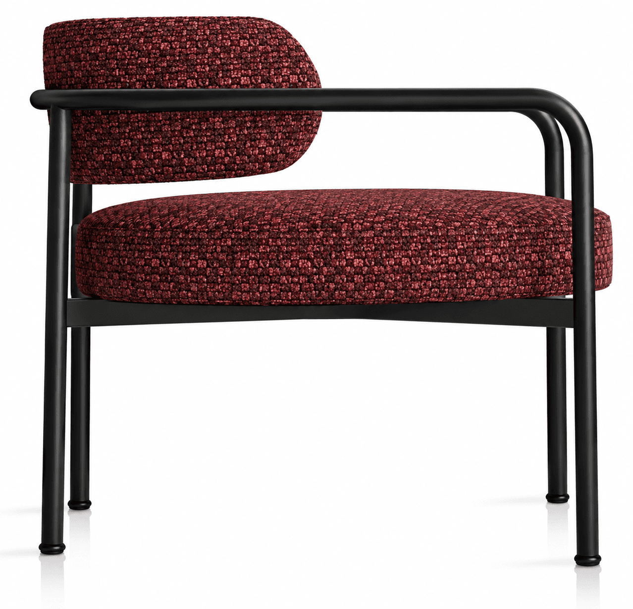 An industrial-style armchair featuring a black tubular metal frame and deep red-brown, textured fabric upholstery on separate seat and back cushions. The armrests are integrated into the continuous frame structure. — 3D model