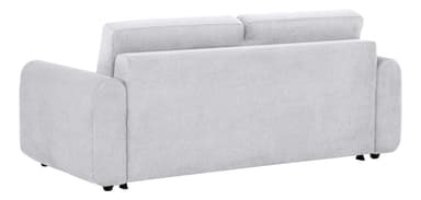 A close-up of the armrest and part of the backrest of a contemporary upholstered sofa, featuring light grey textured fabric. — 3D model