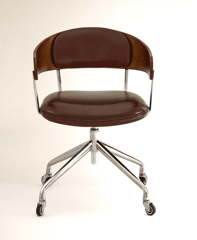 A Mid-Century Modern style swivel desk chair featuring a curved wooden outer backrest, brown leather padded seat and inner backrest, and a chrome-plated metal frame with a five-star caster base. — 3D model