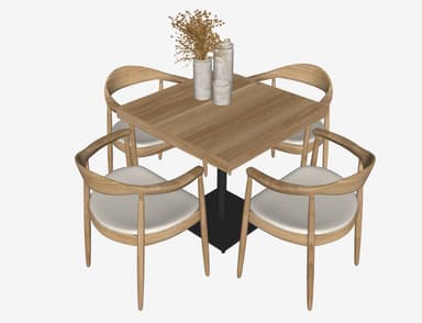 A complete modern dining set featuring a square wooden dining table with a black pedestal base, accompanied by four matching dining chairs. The chairs have light-colored wooden frames with gracefully curved backrests and armrests, supported by tapered legs, and feature light-colored upholstered seats. — 3D model