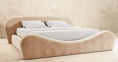 A modern upholstered platform bed featuring a curved headboard and footboard, entirely covered in a light beige fabric. The design emphasizes soft, flowing lines for a contemporary aesthetic. — 3D model