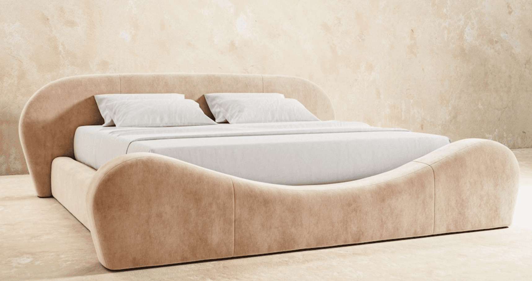 A modern upholstered platform bed featuring a curved headboard and footboard, entirely covered in a light beige fabric. The design emphasizes soft, flowing lines for a contemporary aesthetic. — 3D model