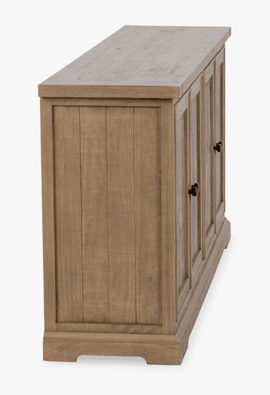 A wooden sideboard featuring four cabinet doors arranged in two symmetrical pairs. Each door has a vertical plank design within a recessed panel and is fitted with a small, round, black knob. The top surface appears to be a distinct piece with a slight overhang. The base of the unit has a subtle, molded plinth. — 3D model