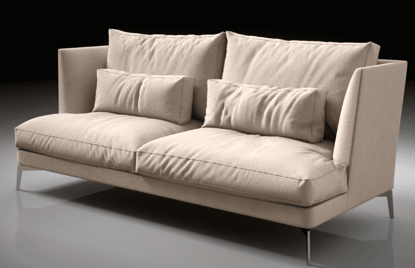 A modern two-seater sofa upholstered in a light beige fabric, featuring two loose seat cushions, two large loose back cushions, and two smaller rectangular lumbar pillows. The sofa has high, gently sloping armrests and is supported by slim, tapered metal legs. — 3D model