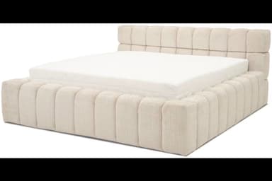 A contemporary platform bed featuring a low-profile design and fully upholstered frame and headboard with distinctive vertical channel tufting, rendered in a light beige textured fabric. — 3D model