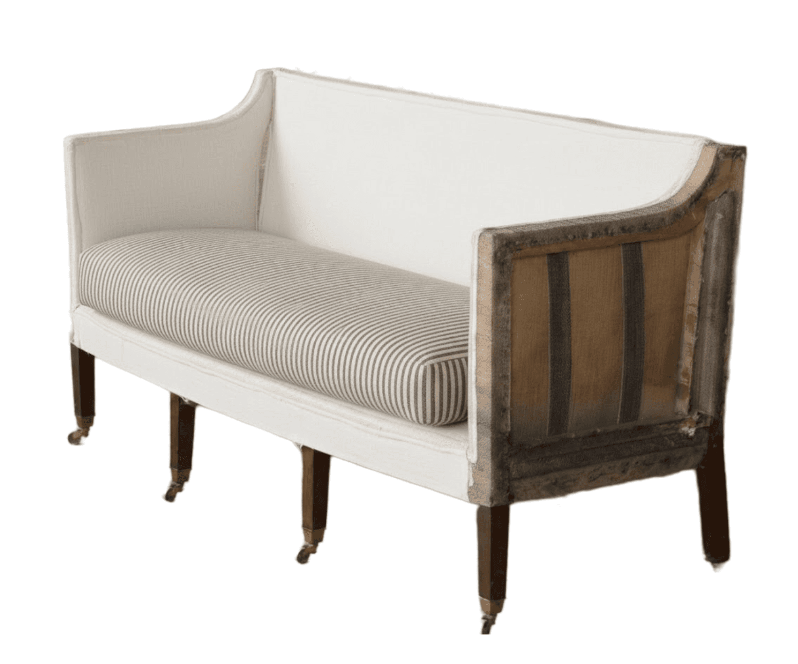 A two-seater sofa with a white upholstered back and arms, and a striped seat cushion. The sofa features dark wooden legs with casters and an exposed wooden frame on the sides with striped fabric upholstery. — 3D model