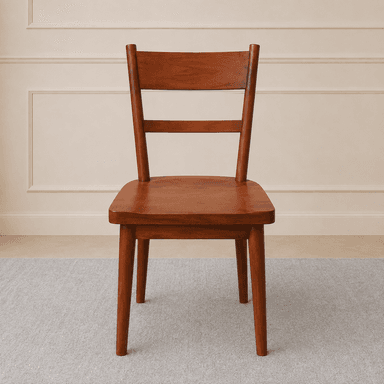 An armless wooden dining chair featuring a slatted backrest, contoured seat, and four tapered legs, rendered in a warm, reddish-brown finish. — 3D model