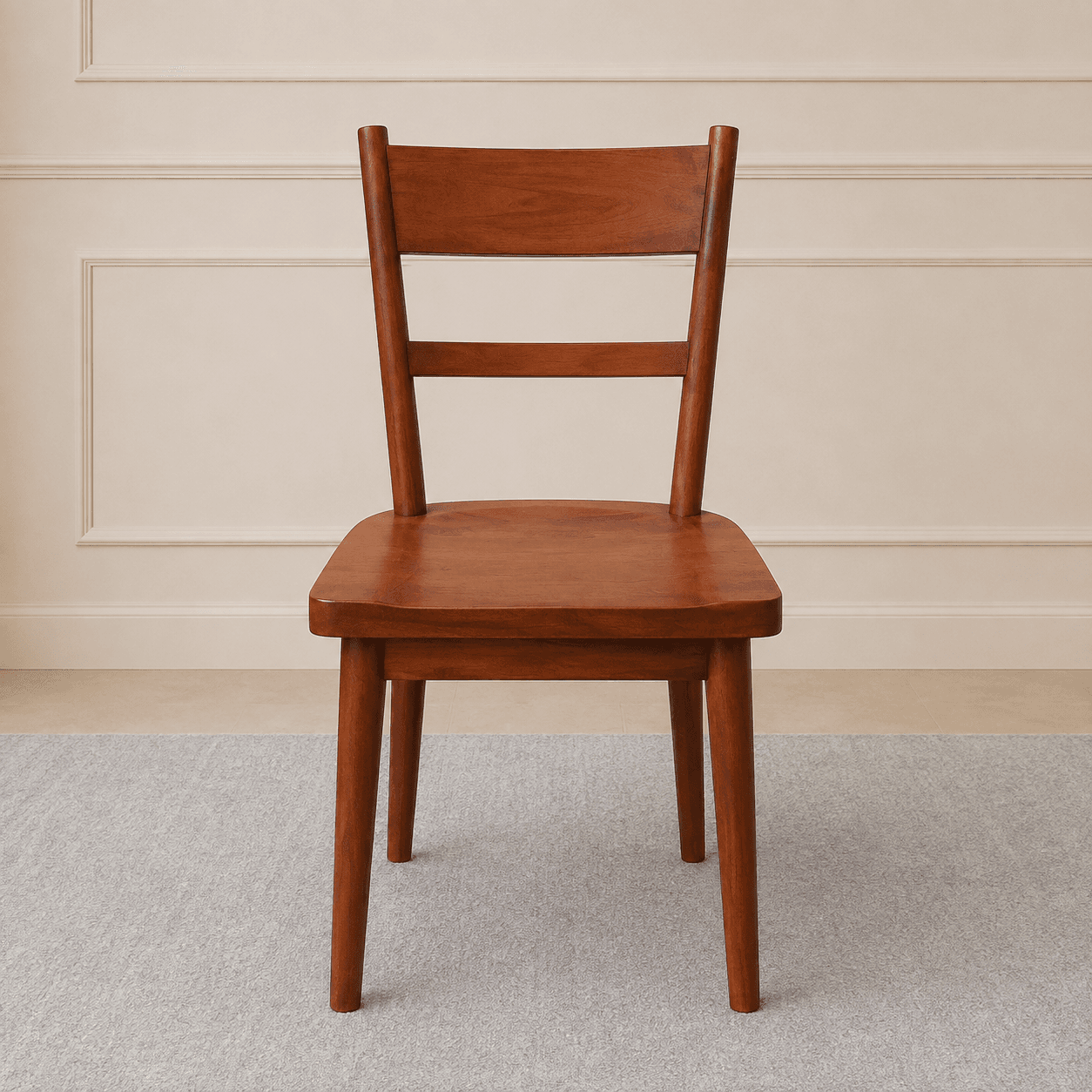 An armless wooden dining chair featuring a slatted backrest, contoured seat, and four tapered legs, rendered in a warm, reddish-brown finish. — 3D model