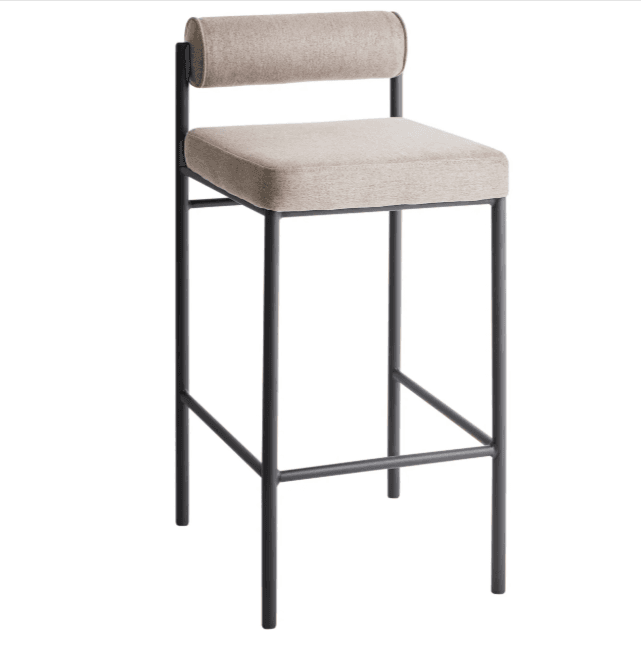 A contemporary bar stool featuring a minimalist dark metal frame with a square upholstered seat and a cylindrical upholstered backrest. The frame includes a integrated footrest for comfort. — 3D model