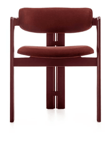 A modern armchair with a wooden frame and upholstered seat and backrest. The chair features a minimalist design with clean lines. The frame has a deep red or burgundy color, and the upholstery appears to be a matching velvet or suede fabric. — 3D model