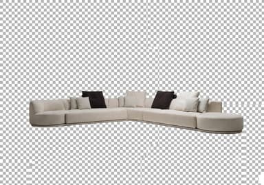 A large, contemporary low-profile curved modular sectional sofa, upholstered in a light beige woven fabric. It features multiple sections forming a sweeping L-shape, culminating in a round integrated ottoman. The sofa has soft, rounded edges and is supported by a subtle dark plinth base. Several accent throw pillows in varying shades of light cream and dark brown are arranged along the backrests. — 3D model
