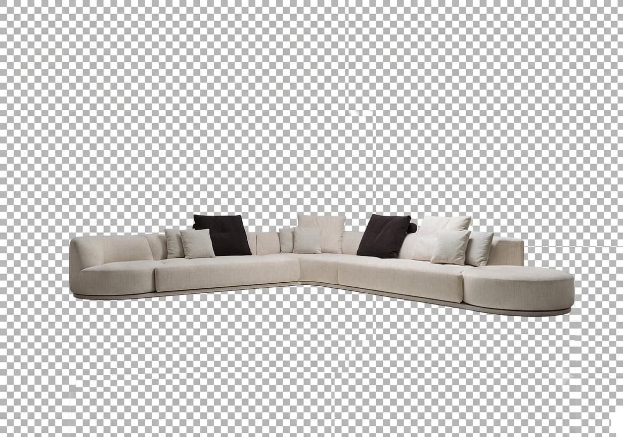 A large, contemporary low-profile curved modular sectional sofa, upholstered in a light beige woven fabric. It features multiple sections forming a sweeping L-shape, culminating in a round integrated ottoman. The sofa has soft, rounded edges and is supported by a subtle dark plinth base. Several accent throw pillows in varying shades of light cream and dark brown are arranged along the backrests. — 3D model