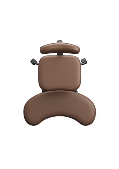 An ergonomic kneeling office chair featuring brown faux leather upholstery, a separate padded knee/shin rest, and a curved backrest. It is equipped with a height-adjustable gas lift and five-star wheeled base for mobility. — 3D model
