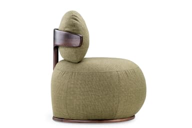 A contemporary lounge chair, viewed from the back, featuring a rounded, bulbous form. It is upholstered in a textured olive-green fabric. A prominent dark-stained wooden bar serves as the top backrest, supported by a central wooden spine that extends down to a circular wooden base. — 3D model