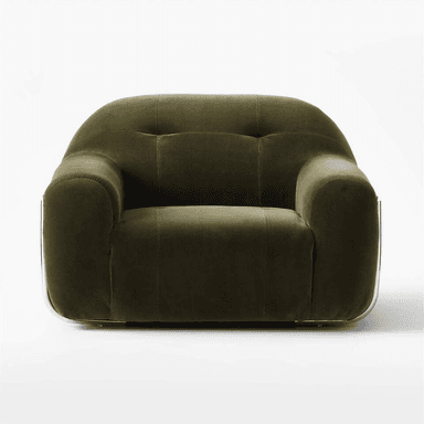 A plush, tufted armchair with a rounded silhouette. The upholstery appears to be a soft velvet fabric, and it sits on a minimalist chrome base that curves around the sides, offering a modern contrast to the soft form of the seat and back. — 3D model