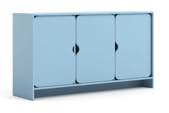 A light blue cabinet with three doors. Each door has a recessed, curved handle integrated into its design. The cabinet has a simple, modern aesthetic with rounded corners on the doors and a shelf at the bottom. — 3D model