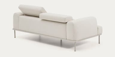 A light-colored, two-seater sofa with a textured fabric upholstery, plush rounded armrests, and segmented back cushions, supported by a sleek metal frame with slender legs. — 3D model