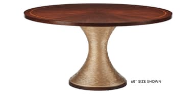 A sophisticated round dining table featuring a dark wood top with a distinctive radial veneer pattern and a thin inlaid lighter wood border. The table is supported by a single, substantial pedestal base that flares out at the bottom. The base has a textured, wave-like pattern and a metallic gold finish, resting on a dark, flat circular plinth. — 3D model
