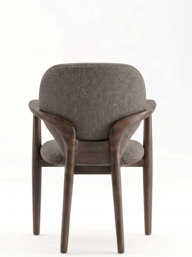 A contemporary dining armchair featuring a curved dark wood frame, a grey herringbone upholstered seat, and a plain grey faux leather upholstered backrest, viewed from a top-down perspective. — 3D model