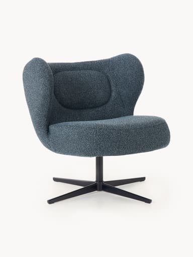 A modern accent chair with a distinctive wingback design. It features a fabric upholstery with a textured appearance and a swivel base with four legs. — 3D model