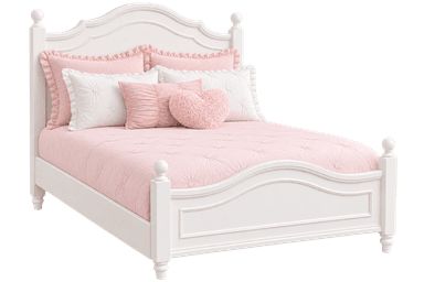 A white painted wooden bed frame featuring a gracefully curved headboard and footboard, both with recessed panel detailing. The bed includes four sturdy posts, each topped with a decorative turned finial, contributing to its classic aesthetic. The bed is shown dressed with pink and white bedding. — 3D model