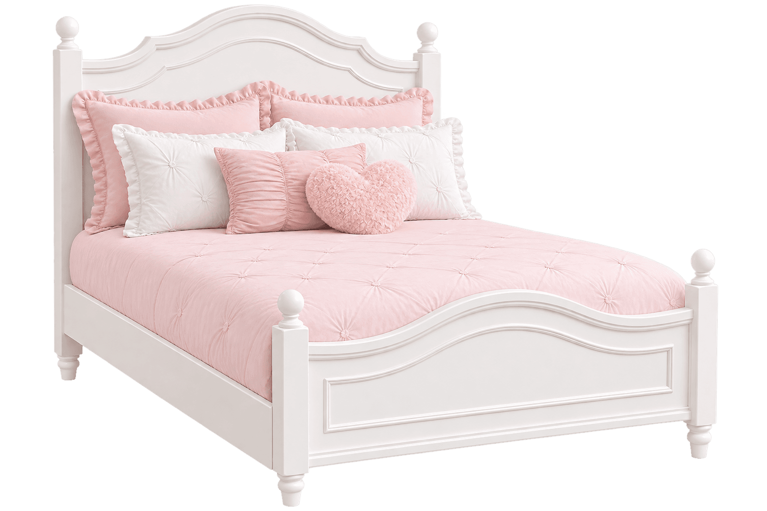 A white painted wooden bed frame featuring a gracefully curved headboard and footboard, both with recessed panel detailing. The bed includes four sturdy posts, each topped with a decorative turned finial, contributing to its classic aesthetic. The bed is shown dressed with pink and white bedding. — 3D model