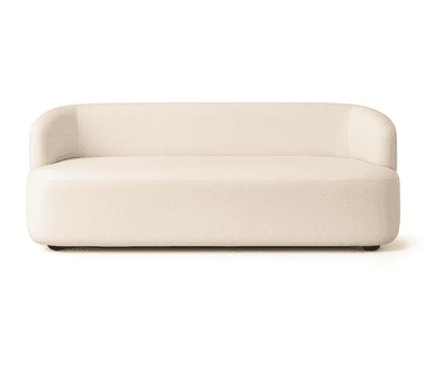 A compact, contemporary two-seater loveseat upholstered in a light cream or off-white fabric. It features a low-profile design with rounded, plush forms and an asymmetrical backrest and armrest configuration. One side has a higher, curved back/arm, while the other side is lower, blending into the seat. — 3D model