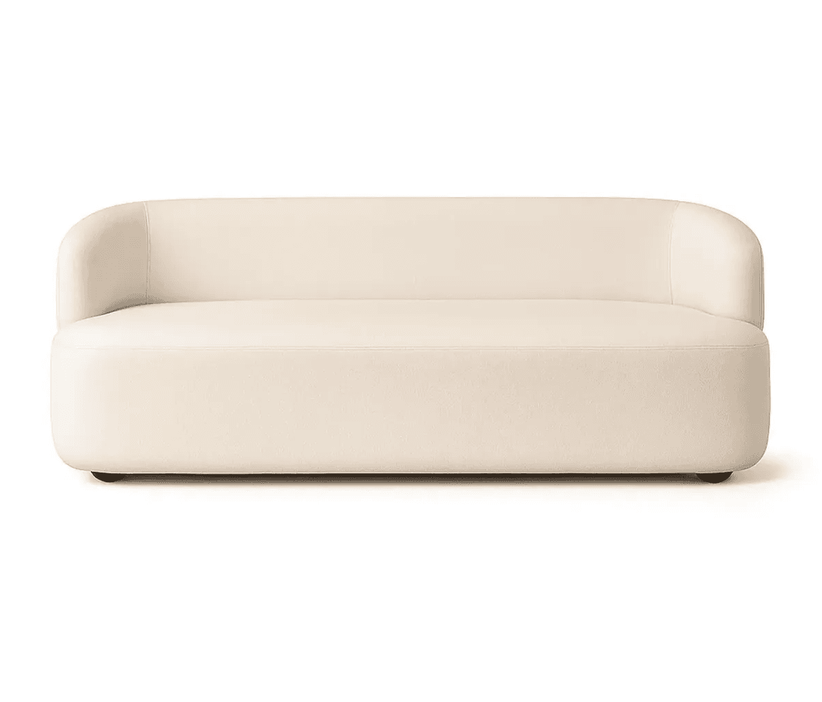 A compact, contemporary two-seater loveseat upholstered in a light cream or off-white fabric. It features a low-profile design with rounded, plush forms and an asymmetrical backrest and armrest configuration. One side has a higher, curved back/arm, while the other side is lower, blending into the seat. — 3D model