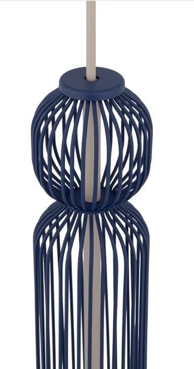 A tall, slender floor lamp with a cage-like design. The lamp has a central cylindrical column, encased by a series of vertical, dark blue metal rods. These rods are arranged in a way that creates a series of bulbous or rounded sections at the top, middle, and bottom, with a narrower section in between. The interior of the cage appears to be a lighter, possibly metallic or white material, which would house the light source. — 3D model