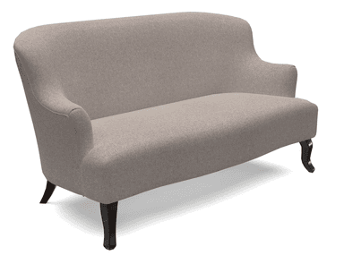 A two-seater upholstered sofa with a high, curved back and armrests. The sofa has a tufted appearance, though no visible tufting buttons are present. It is supported by four dark, carved wooden legs with a cabriole style. The upholstery is a neutral-toned textured fabric. — 3D model