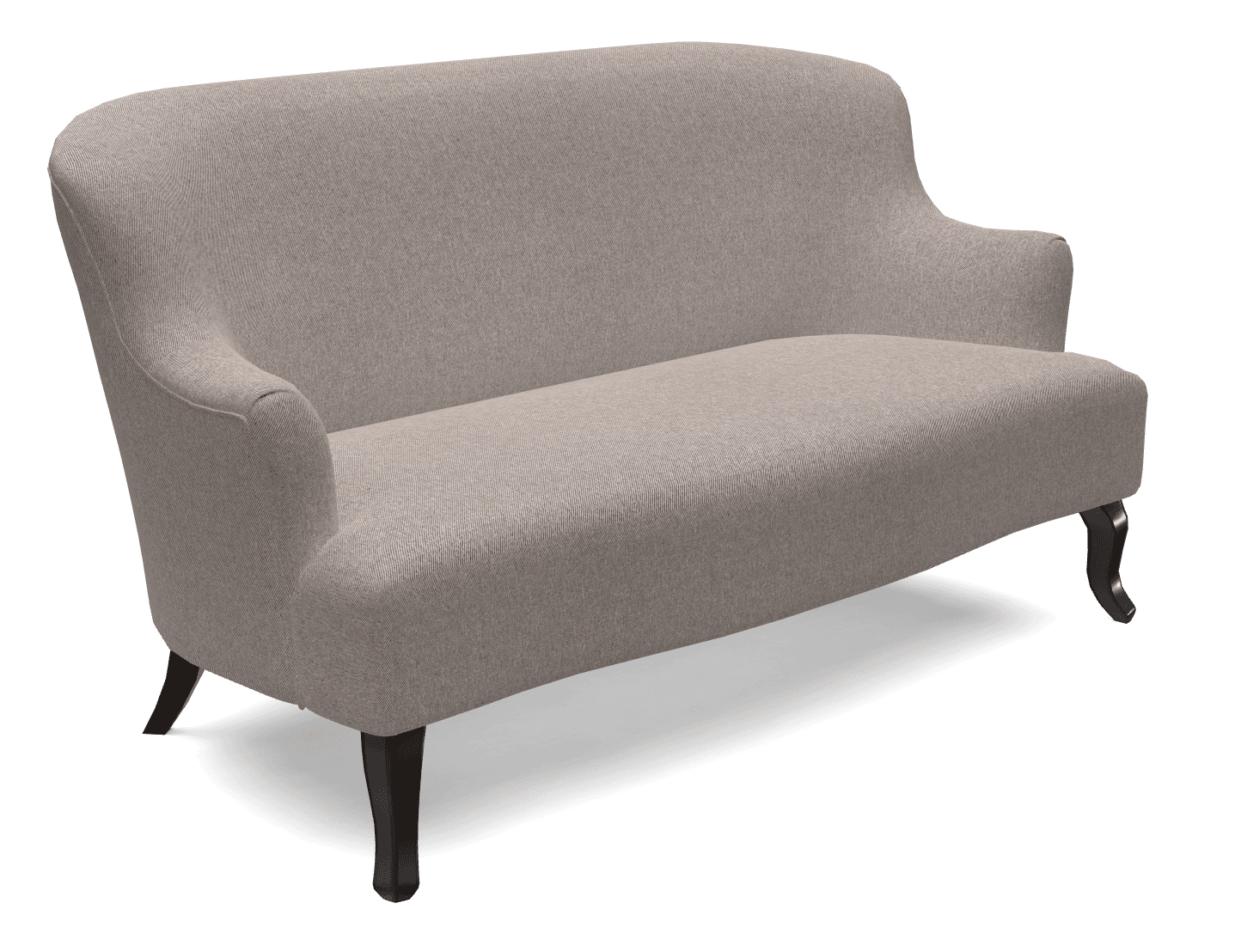 A two-seater upholstered sofa with a high, curved back and armrests. The sofa has a tufted appearance, though no visible tufting buttons are present. It is supported by four dark, carved wooden legs with a cabriole style. The upholstery is a neutral-toned textured fabric. — 3D model