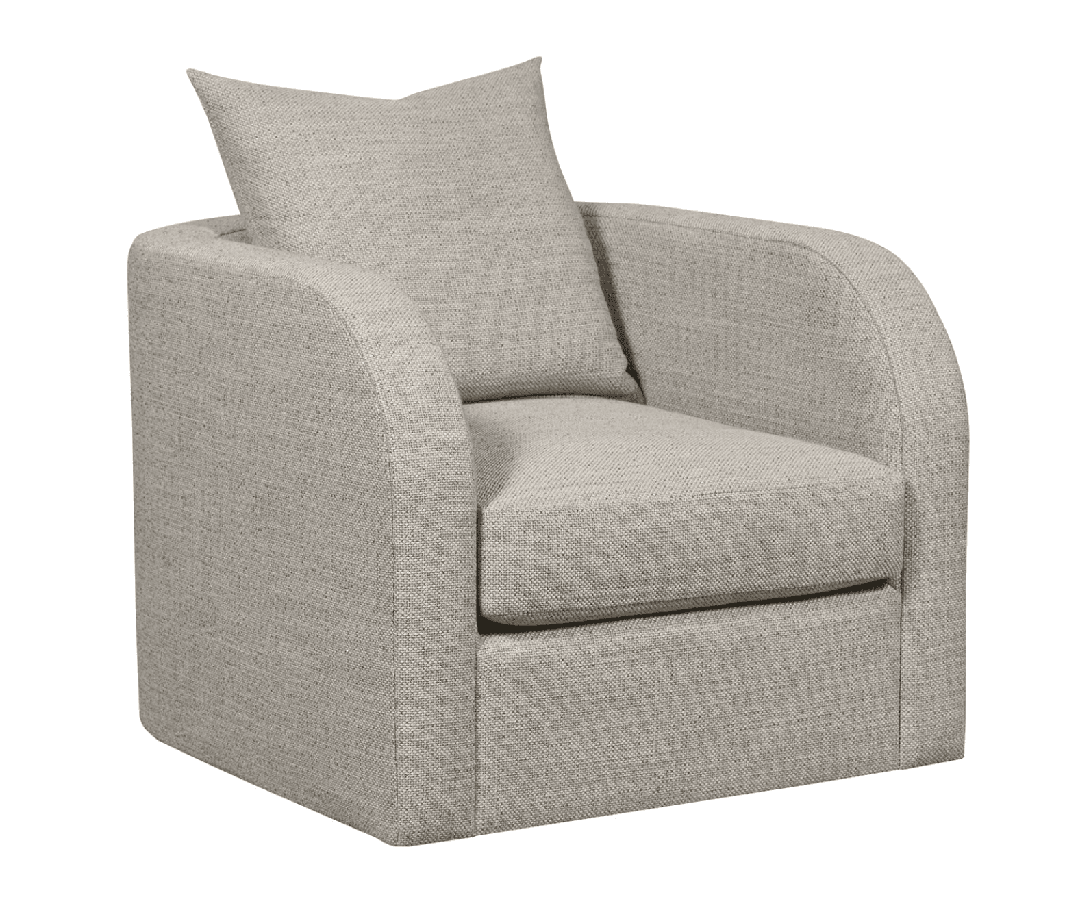 A compact, contemporary upholstered armchair featuring a low, rounded back and integrated arms. It includes a single, removable seat cushion and a loose back pillow. The entire chair, including its plinth base, is covered in a light beige, textured woven fabric, presenting a clean and inviting aesthetic. — 3D model