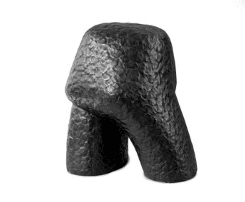 A dark-colored stool with a textured, hammered surface. It features a rounded top and two broad legs that curve inwards, creating an open space beneath. — 3D model