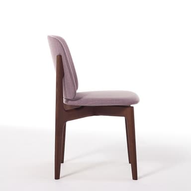 A front-facing view of a contemporary armless dining chair. It features a dark wood frame with four straight, slightly tapered legs. The seat and the rectangular backrest, which has gently rounded upper corners, are both upholstered in a subtly textured, purplish-pink fabric with fine horizontal stripes. — 3D model
