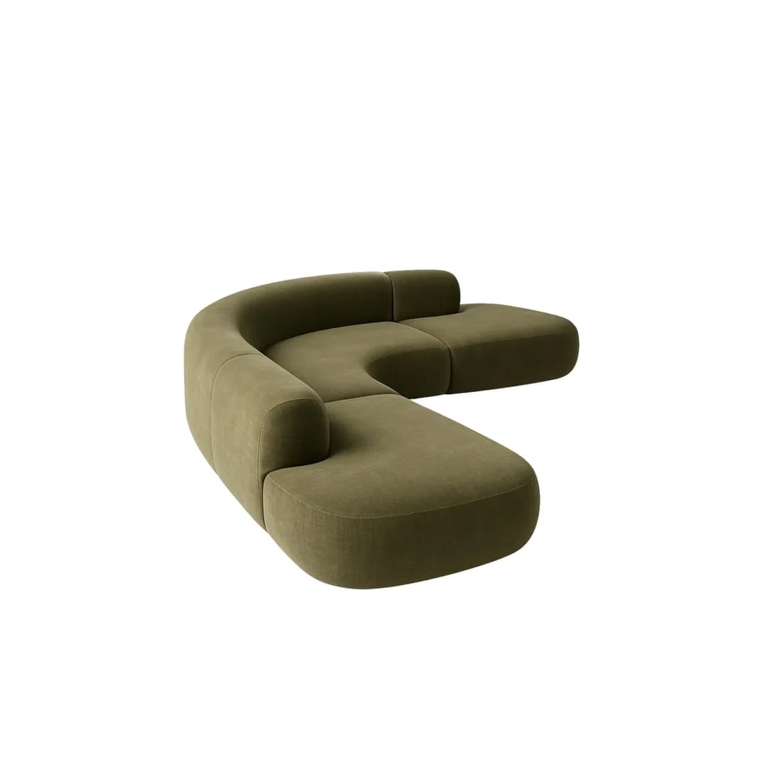 A large, olive green sectional sofa featuring a deeply curved main body and two chaise-style extensions, all upholstered in a textured fabric. The design is modular, allowing for flexible arrangement, and its organic, rounded forms contribute to a contemporary aesthetic. — 3D model