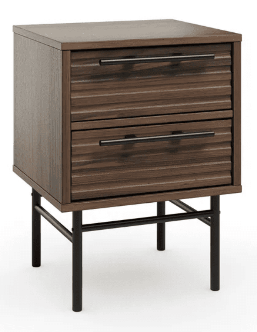 A modern nightstand with a dark wood finish, featuring two drawers with horizontally ribbed drawer fronts and minimalist black metal bar handles. The unit is supported by a black metal frame with four legs and a crossbar for added stability. The overall aesthetic is contemporary. — 3D model