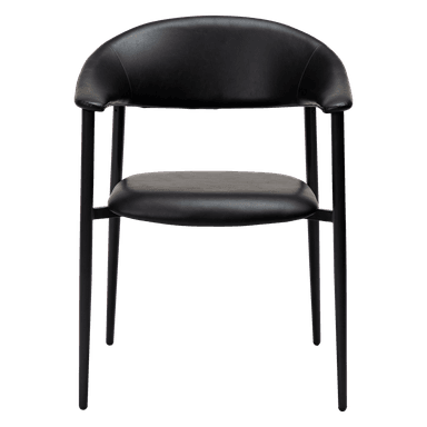 A modern armchair with a curved backrest and seat, upholstered in black material. It features a minimalist design with slim, black metal legs and armrests that blend seamlessly with the frame. — 3D model